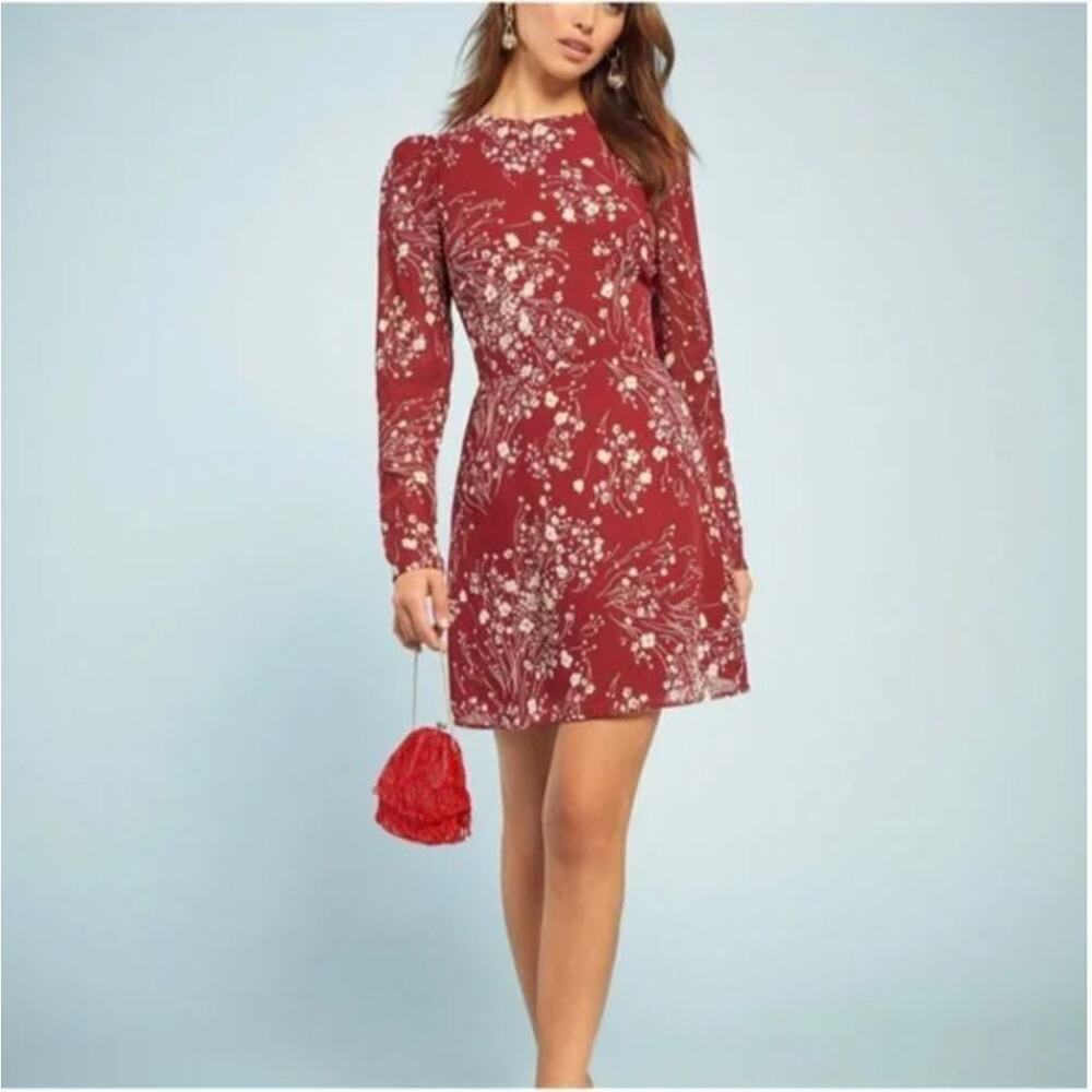 EUC $200 Reformation Romee Red Floral Long Sleeve Mini Dress